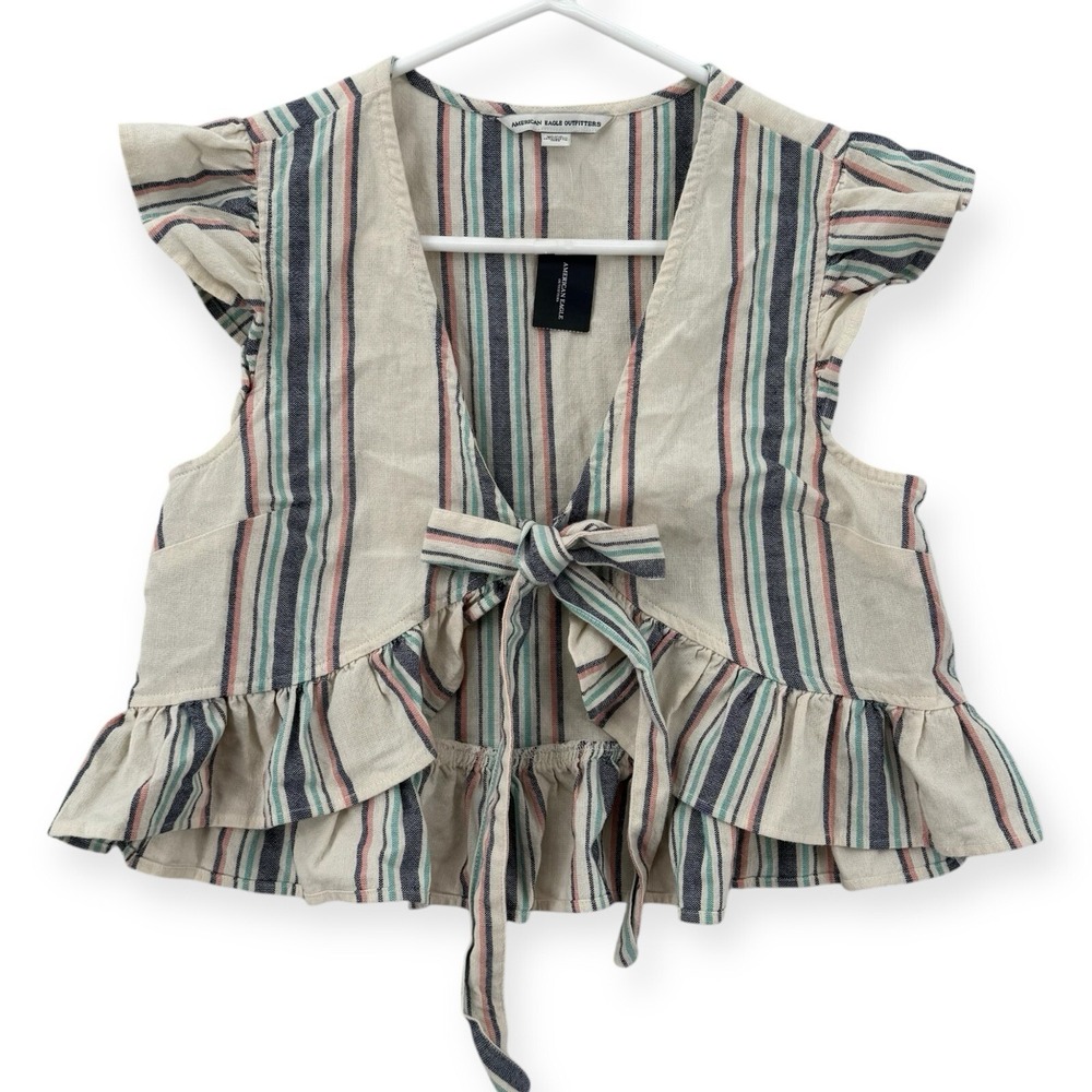 American Eagle Vest Top Womens XS Striped Ruffle Tie‎ Cropped Blouse Boho NWT
